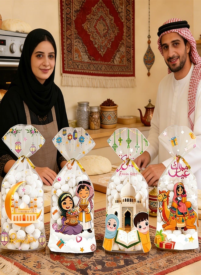 100 قطعة من أكياس السيلوفان المربعة المخصصة للمهرجانات مع أربطة ذهبية ملتوية، وأكياس حلوى بتصميم كرتوني للأعياد والحفلات وأعياد الميلاد للأطفال وتغليف الهدايا اليدوية واحتفالات العيد - Image 4